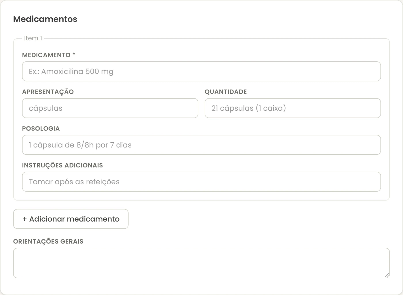 Formulário de medicamentos da receita no notodoc: nome, apresentação, quantidade, posologia e instruções