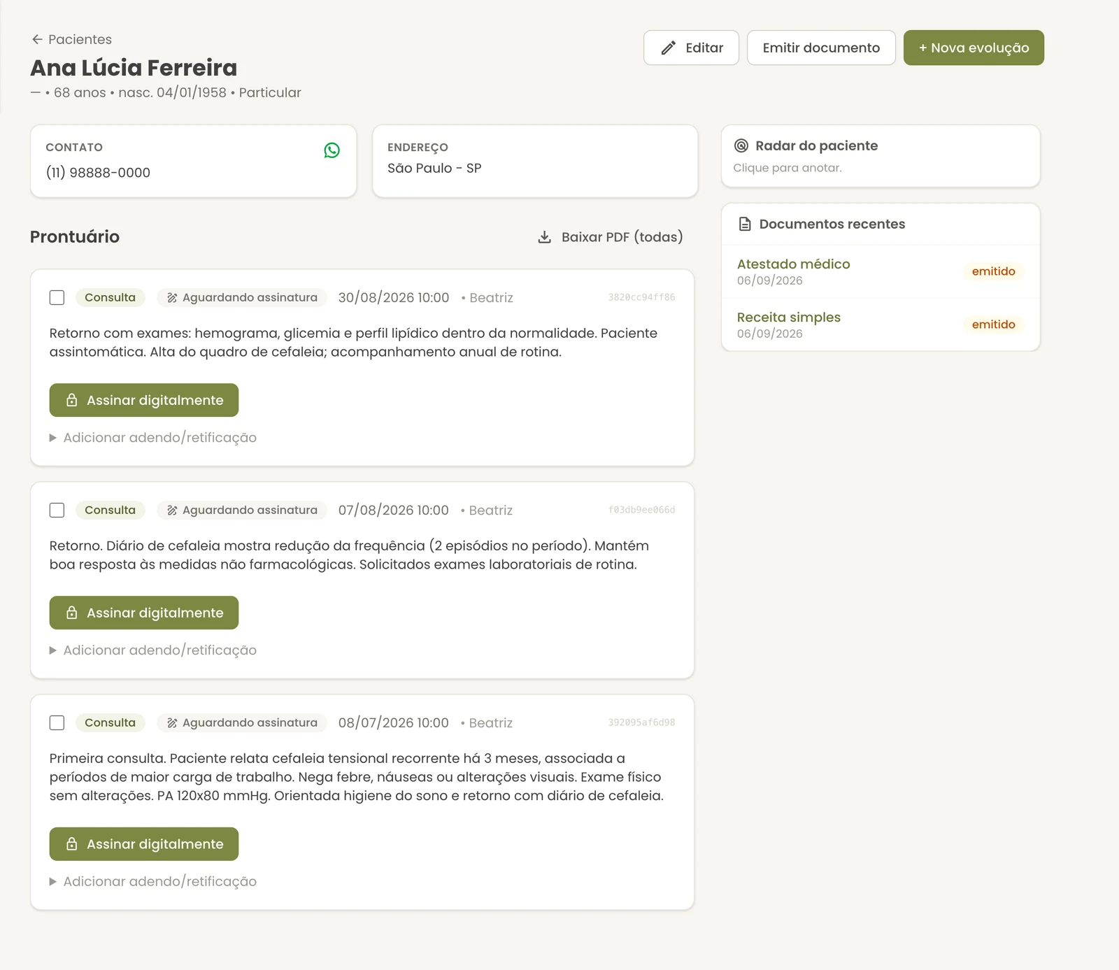 Ficha do paciente no notodoc: nome e dados no topo, radar do paciente, documentos recentes e a linha do tempo de evoluções com o botão de assinar digitalmente